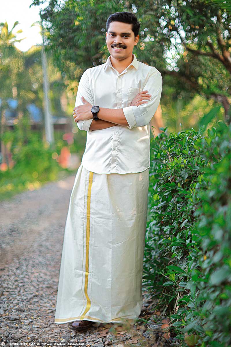 Byhand | Traditional wear can be a elegant option this festive season. Here  is a Handloom beige chinese collar kurtha with kerala kasavu mundu fro... |  Instagram